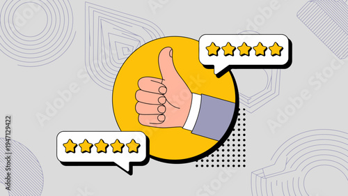 A vibrant illustration displays a hand giving a thumbs up gesture surrounded by star ratings and abstract shapes high quality professional detailed modern elegant stylish clean