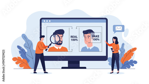 People using a magnifying glass on a computer monitor to compare real and fake facial profiles using deepfake detection technology.