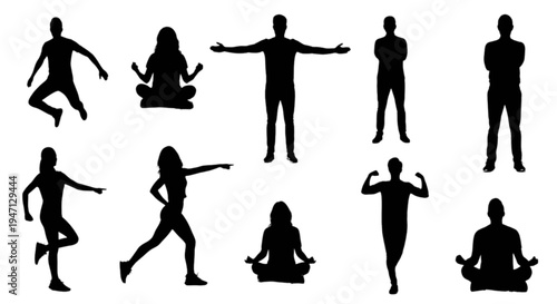Set of 10 black silhouette yoga and fitness icons vector