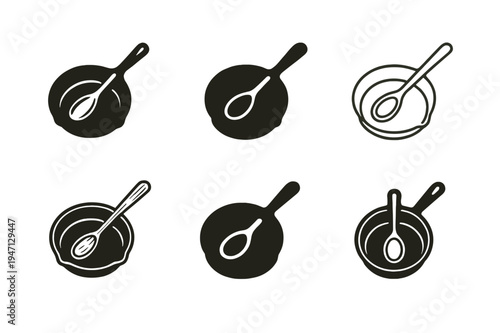 Rustic Kitchen Logos. Rustic kitchen. Set Logo of Rustic kitchen: skillet with wooden spoon. harmonious logo variations of the same emblematic concept, each