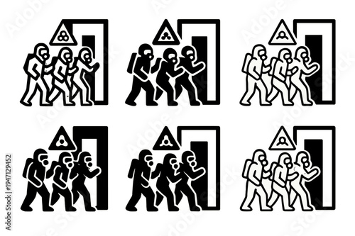 First Responders Icon Set. Police officers and first responders in action. Icon set. Set Logo of police officers and first responders in action: hazmat team