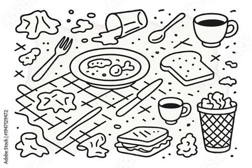 Doodle Table Mess. Table Mess. Hand-drawn doodle illustration Table Mess crumpled napkin, spilled drink, crumbs, plate, fork, knife, coffee cup, bread,