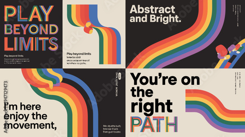 A vibrant collage displays colorful retro style designs with motivational text promoting playfulness and positive life direction high quality professional detailed modern elegant stylish clean crisp