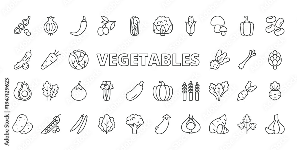 Fototapeta premium Vegetables icons in line design. vegetables, carrot, tomato, cucumber, broccoli, cabbage, onion on white background vector. Vegetables editable stroke icons