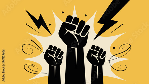 A striking image depicts raised clenched fists against a vibrant yellow background framed by dynamic lightning bolt and starburst graphics high quality professional detailed modern elegant