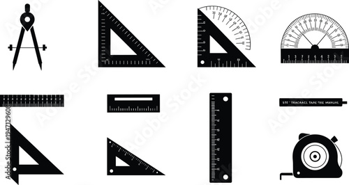 Assortment of Black Silhouettes of Measuring and Drafting Tools ruler compass