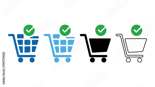 A series of shopping cart icons are displayed varying in color and style each marked with a green checkmark symbol high quality professional detailed modern elegant