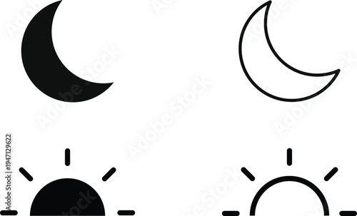 Sun and moon icons set. Day and Night icon symbol. Rising and setting sun. Screen brightness and contrast level signs. Daylight and darkness icon
