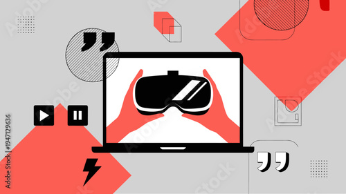 A laptop displays a pair of hands holding virtual reality goggles symbolizing the metaverse and immersive digital experiences high quality professional detailed modern elegant stylish clean