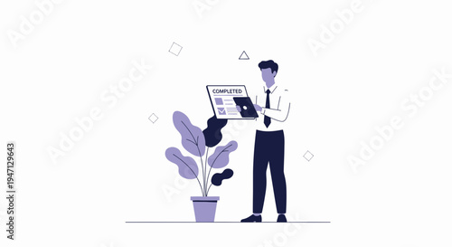 Business man checking completed checklist on tablet, modern office plant, minimalist design