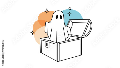Playful illustration of a friendly white ghost popping out of an open wooden treasure box with magical sparkles around it for a spooky theme.