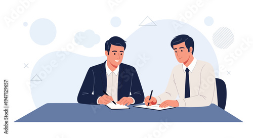 Two businessmen signing contracts at a table, business meeting, agreement, partnership