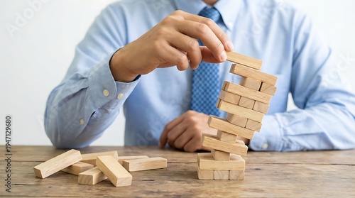 Businessman hand rebuilding falling wooden blocks for business recovery and risk management strategy