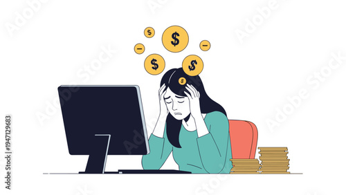 Stressed woman sitting at her desk and holding her head while worrying about financial debt and money appearing above her computer.