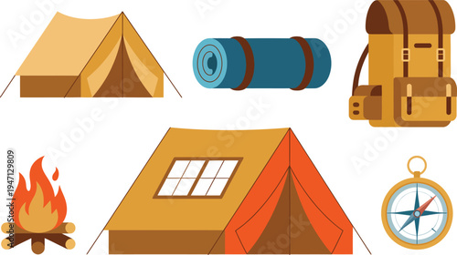 Camping Equipment Icons Including Tents, Backpack, Campfire, and Compass sleeping roll