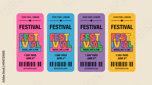 Four colorful festival tickets are displayed each with the word festival and a vibrant abstract design featuring the word fest high quality professional detailed modern elegant