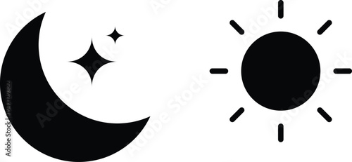Sun and moon icons set. Day and Night icon symbol. Rising and setting sun. Screen brightness and contrast level signs. Daylight and darkness icon
