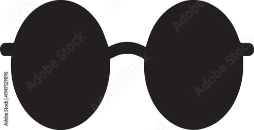 A flat black silhouette of round sunglasses in a simple front view design isolated on a white background representing fashion eye protection summer vacation and stylish retro accessories.