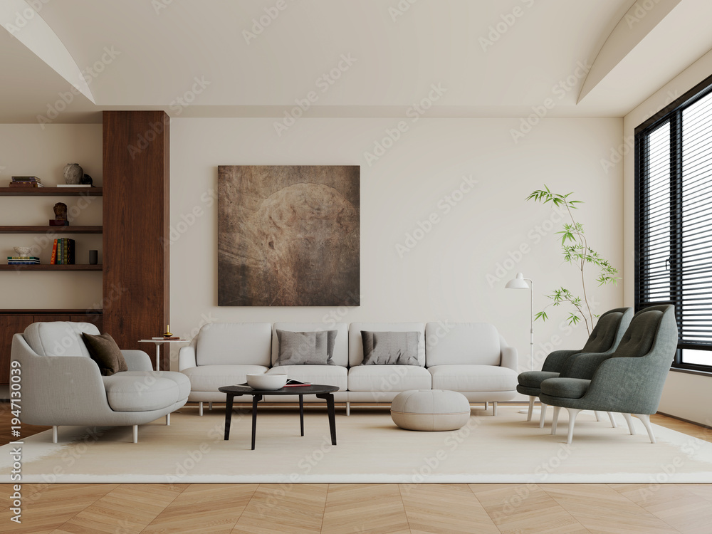Naklejka premium Large luxury modern bright interiors Living room mockup illustration 3D rendering Generated Color Image