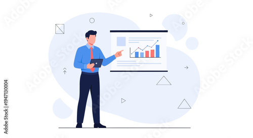 Businessman presenting financial growth chart on screen during meeting, modern flat illustration