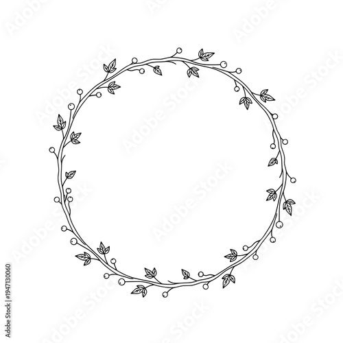 Line Art Circular Wreath With Leaves and Berries