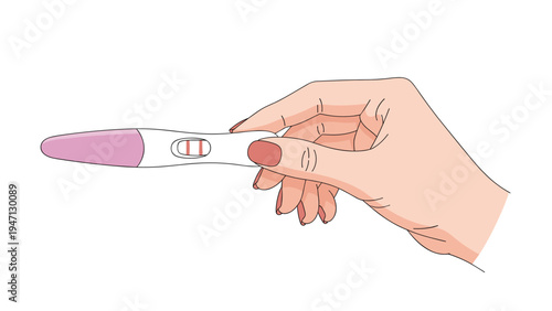 Close-up of a person holding a white and pink pregnancy test showing two red lines indicating a positive result in a hand-drawn style.