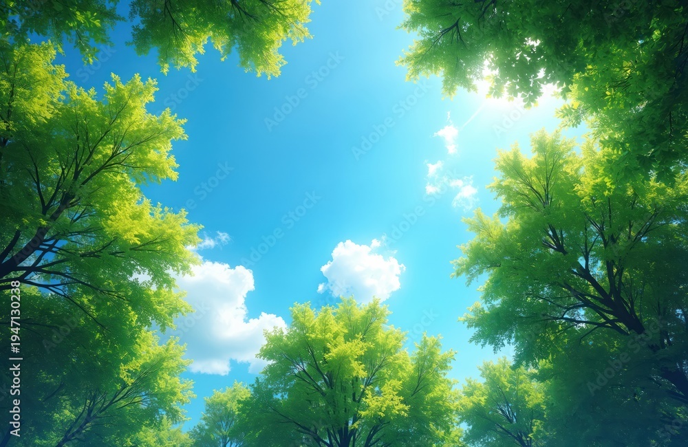 Fototapeta premium Looking up through rich green trees at a clear blue sky with white clouds. Bright sunlight filters through leaves, creating a fresh, natural scene perfect for spring or summer.