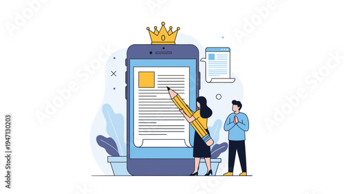 Woman using a giant pencil to write on a mobile phone screen that has a golden crown on top symbolizing high-quality content.