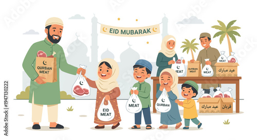 flat design illustration of dividing Idul Adha sacrificial meat