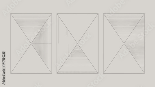 A minimalist composition features three square panels each divided diagonally with varying densities of parallel lines high quality professional detailed modern elegant stylish clean crisp vibrant