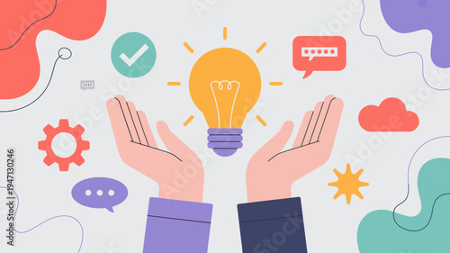 A pair of hands cradles a glowing lightbulb symbolizing innovation and new ideas surrounded by icons of creativity high quality professional detailed modern elegant stylish clean