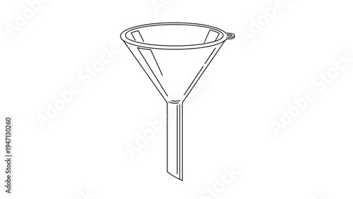 Clean black and white line drawing of a funnel with a small hanging loop representing a useful tool for transferring liquids or dry goods.