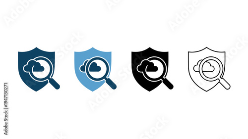 The image showcases four variations of a shield icon featuring a cloud and a magnifying glass differing in color schemes high quality professional detailed modern elegant