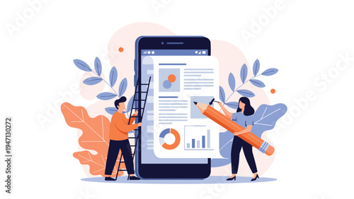 Two people using a large pencil and a ladder to edit a business document with charts on a giant smartphone screen for mobile work.