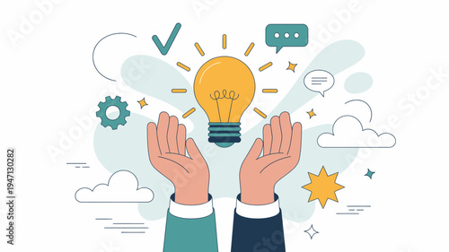 An illustration depicts a bright yellow lightbulb being held by two hands symbolizing innovative ideas and creative problem solving high quality professional detailed modern elegant stylish