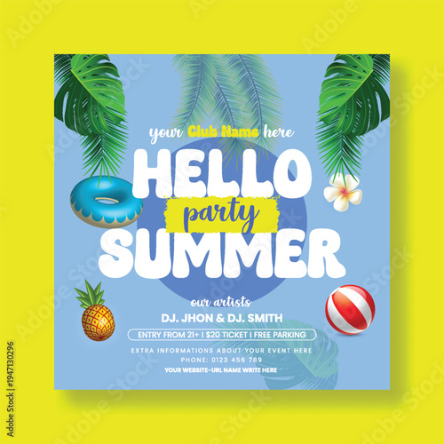 Summer Pool Party Social Media Flyer Template, Editable Square Poster Design, Tropical Beach Background, Palm Leaves, Vacation Marketing Campaign, Online Sale Promotion, Promotional Web Banner Layout