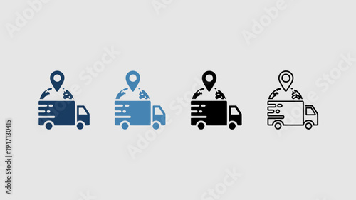 Four variations of a delivery truck icon with a location pin are displayed showcasing different color schemes and styles high quality professional detailed modern elegant stylish