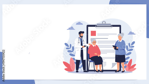 Male doctor consulting with elderly patients in front of a giant medical clipboard for a comprehensive geriatric health review.