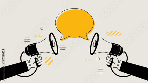 An illustration depicts two hands holding black megaphones projecting a yellow speech bubble against a light beige background high quality professional detailed modern elegant stylish clean