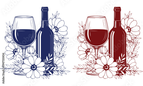 Set of Wine and Botanical Elements in Blue and Red Line Art