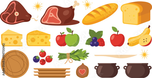 Food and grocery essentials collection with meat, bread, cheese, fruits, vegetables, herbs and cooking ingredients vector illustration set