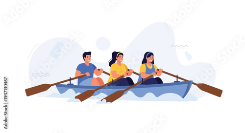 Team rowing on a boat, people paddling together in harmony