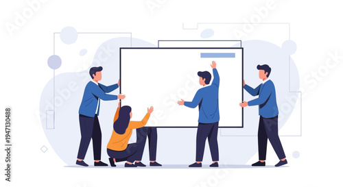 Teamwork placing a large blank board, collaboration concept illustration