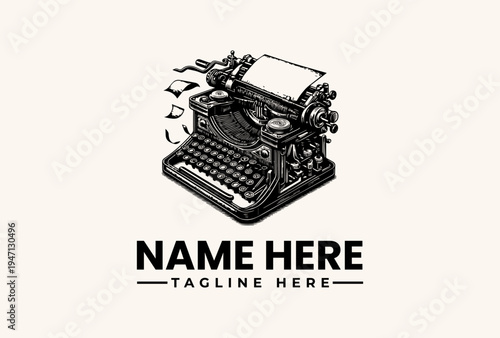 Black and white illustration of a vintage typewriter with flying letters and a placeholder text on a clean background, featuring a logo and tagline design.