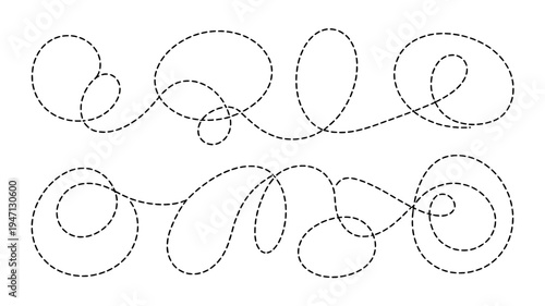 This image showcases two rows of delicate dashed line swirls and loops creating an abstract and ornamental design on a white background high quality professional detailed
