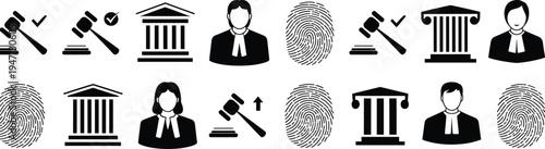 Black and White Icons Representing Law Court Justice and Fingerprint Identification legal judge