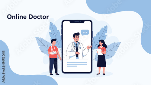 Male and female patients consulting a doctor through a mobile phone screen for a virtual telemedicine appointment and advice.