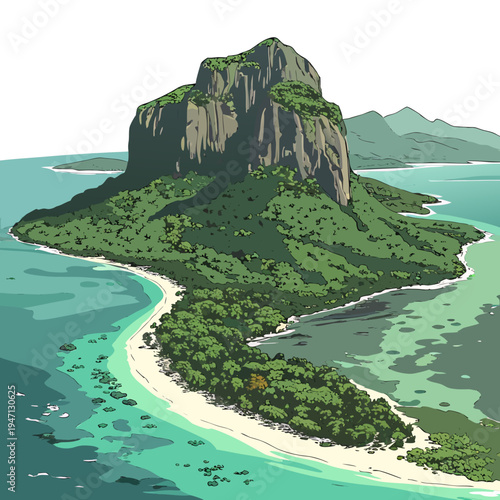 A small island with a sandy beach and a large rock formation