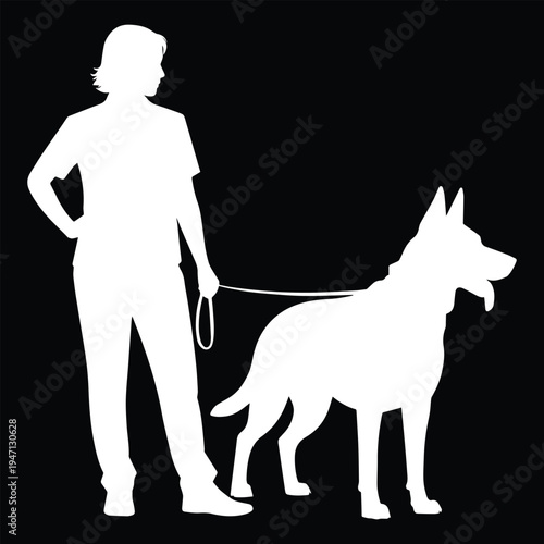 Person Walking Dog Silhouette on Black Background Pet Care Animal Companionship