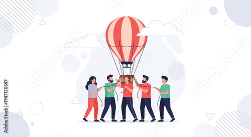 Teamwork carrying hot air balloon basket, teamwork concept, business success, collaboration